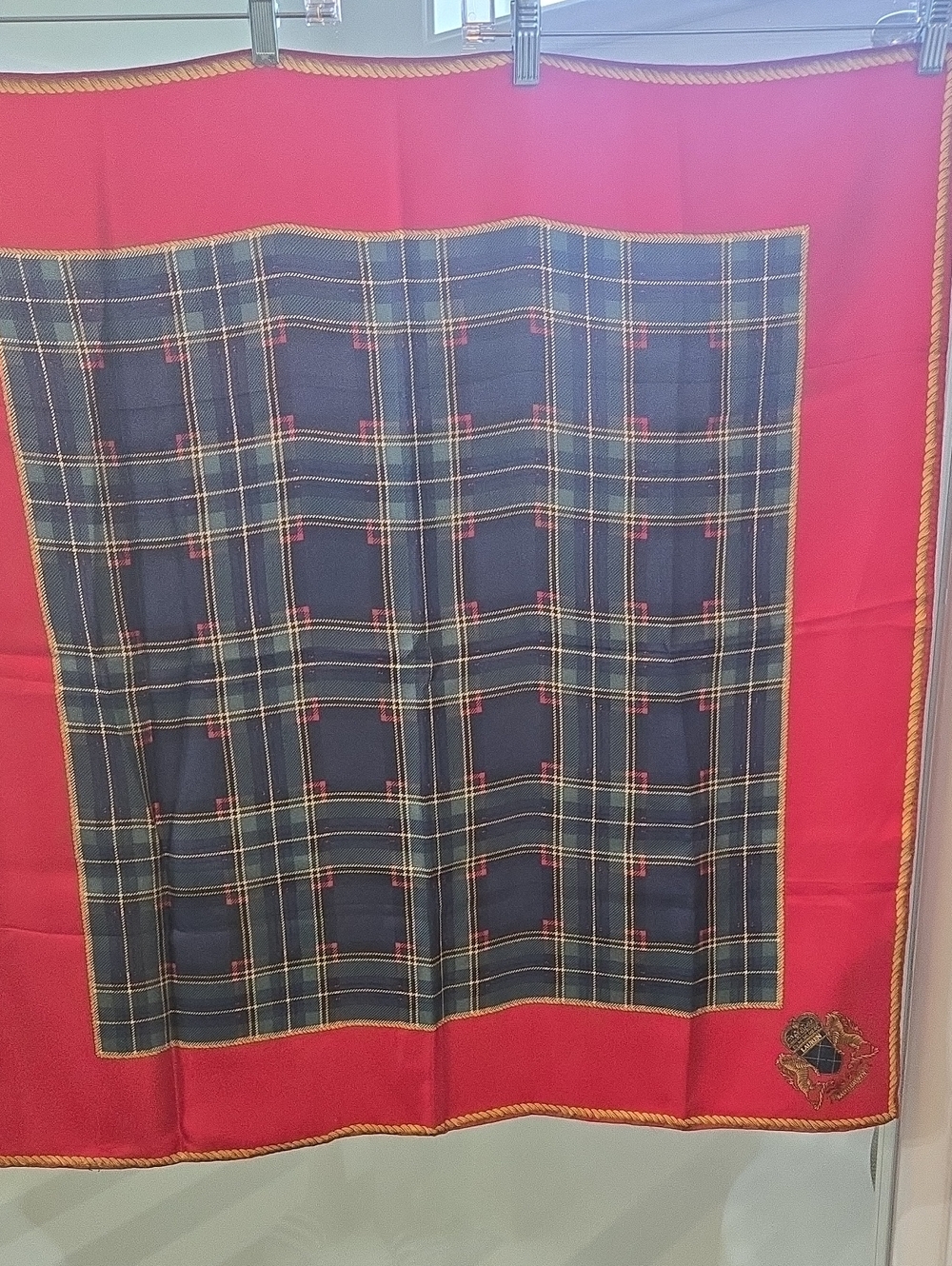 Ralph Lauren Plaid Center Red Border Silk Scarf